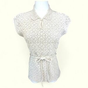 Tramo Size Small Vintage Switzerland Crochet off‎ white cotton top with belt